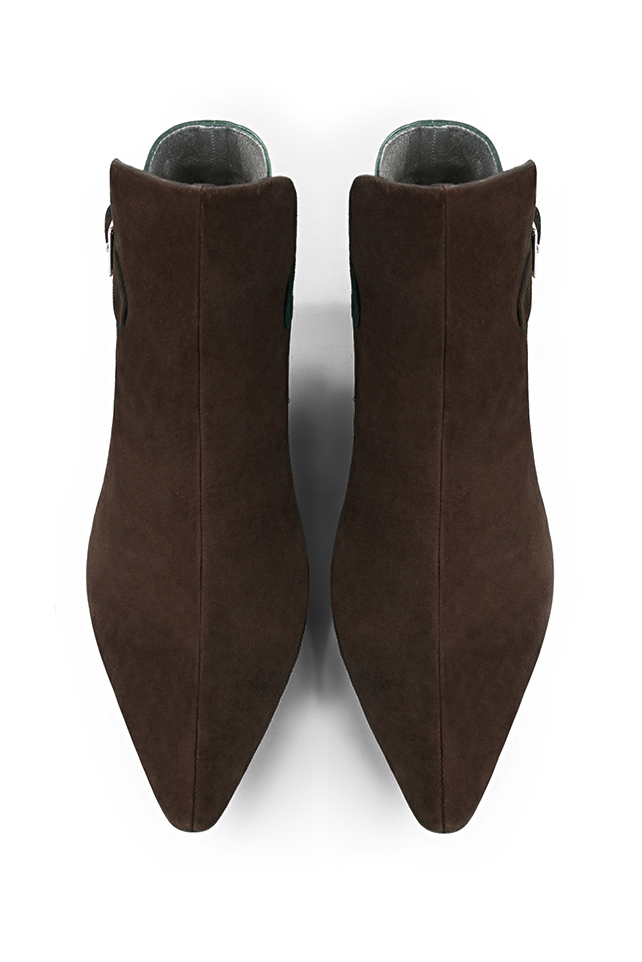Dark brown and bronze gold women's ankle boots with buckles at the back. Tapered toe. Medium flare heels. Top view - Florence KOOIJMAN